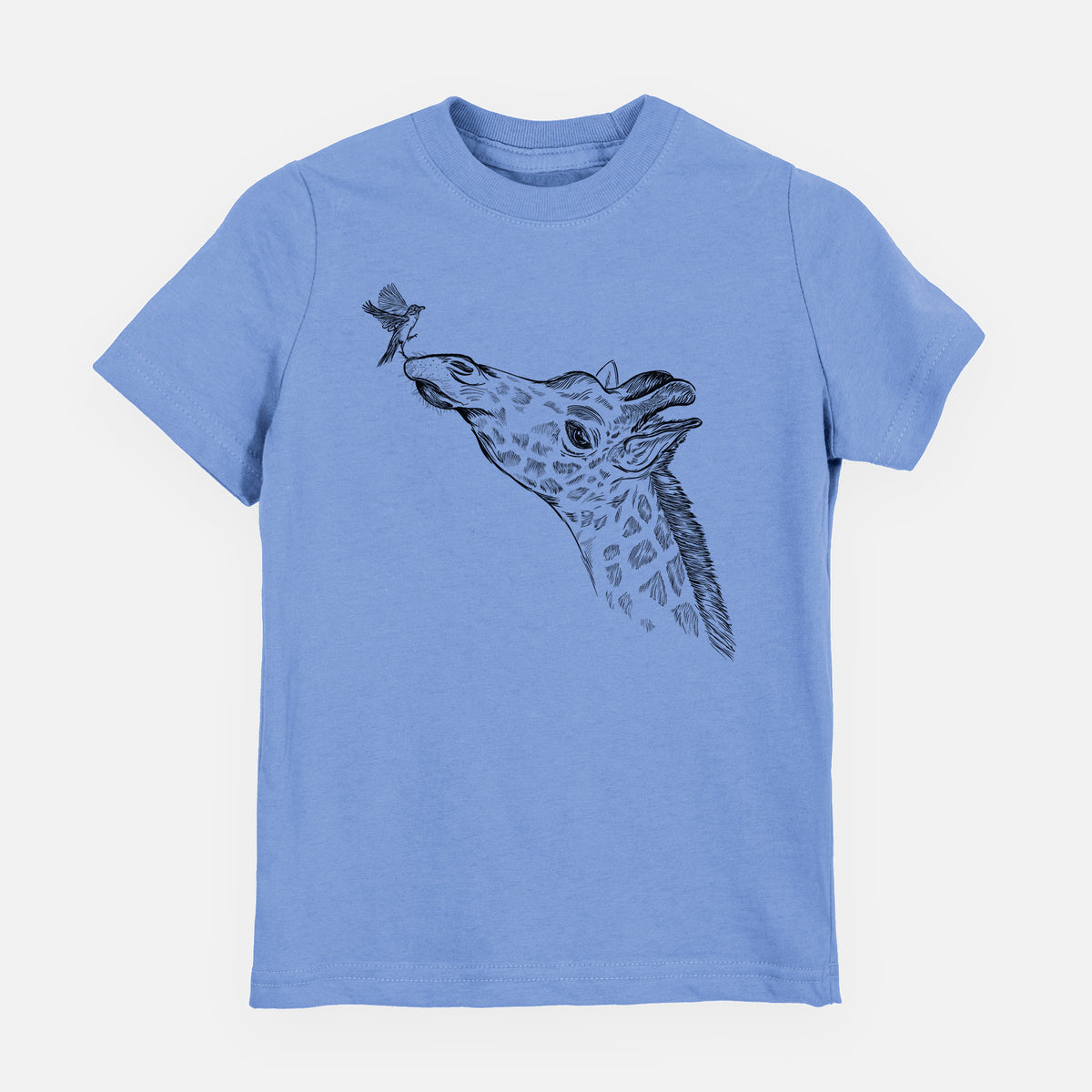 Carolina blue youth t-shirt laid flat, printed with a black ink illustration of a northern giraffe reaching its head up to nibble a flower.
