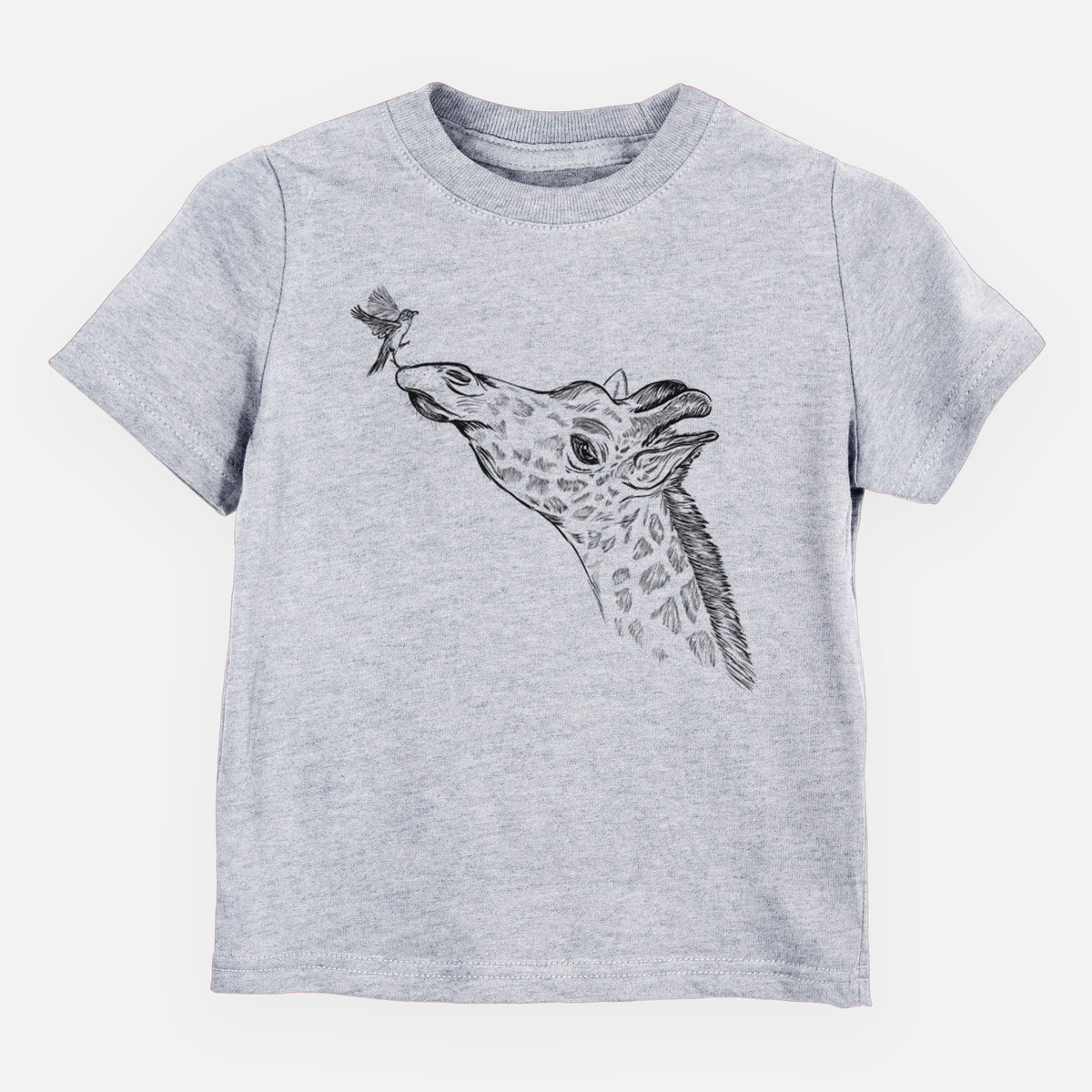 Heather grey toddler t-shirt laid flat, printed with a black ink illustration of a northern giraffe reaching its head up to nibble a flower.