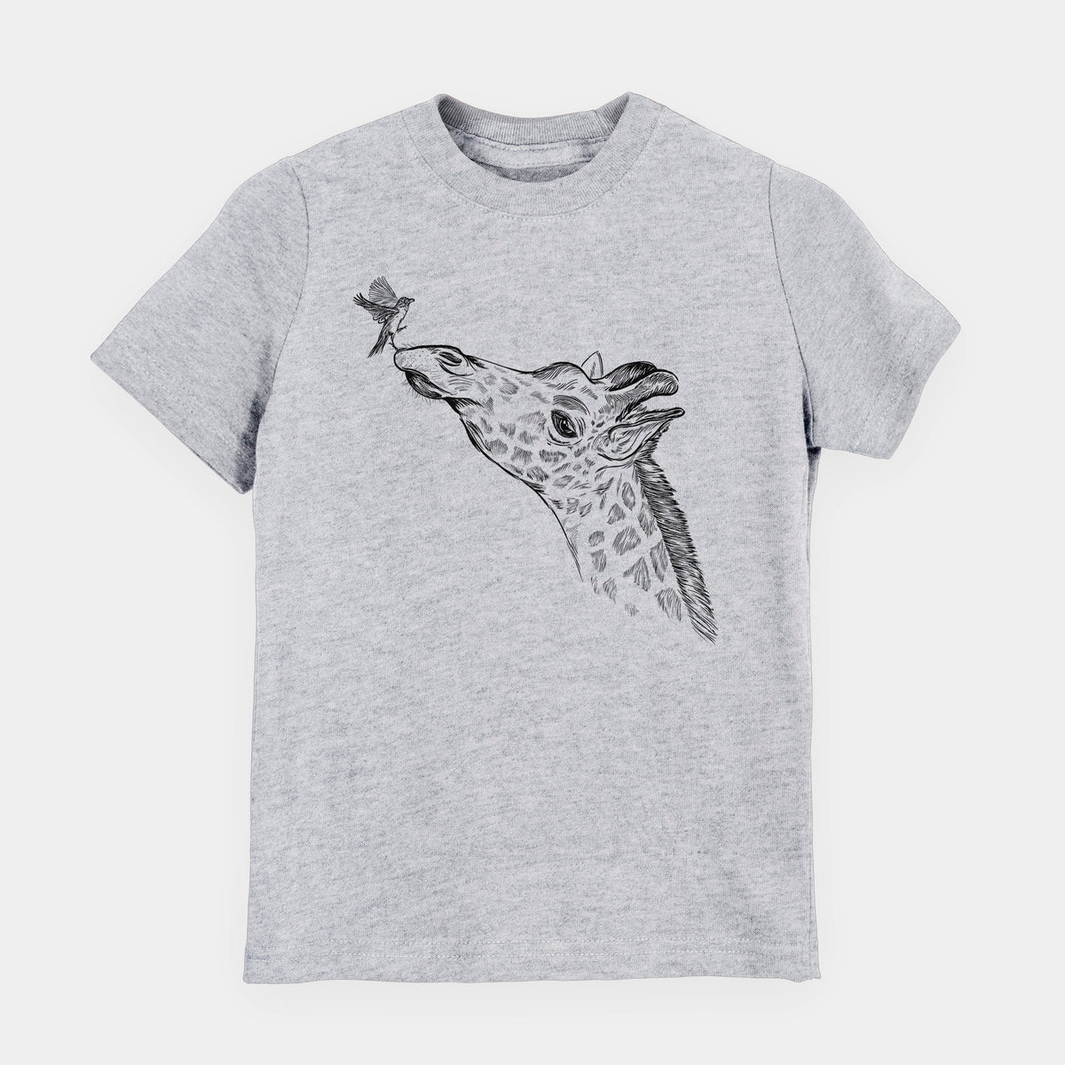 Heather grey youth t-shirt laid flat, printed with a black ink illustration of a northern giraffe reaching its head up to nibble a flower.