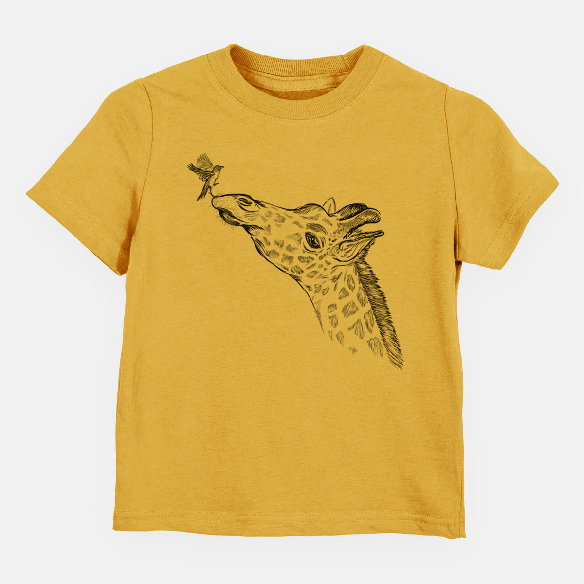 Honeycomb yellow toddler t-shirt laid flat, printed with a black ink illustration of a northern giraffe reaching its head up to nibble a flower.