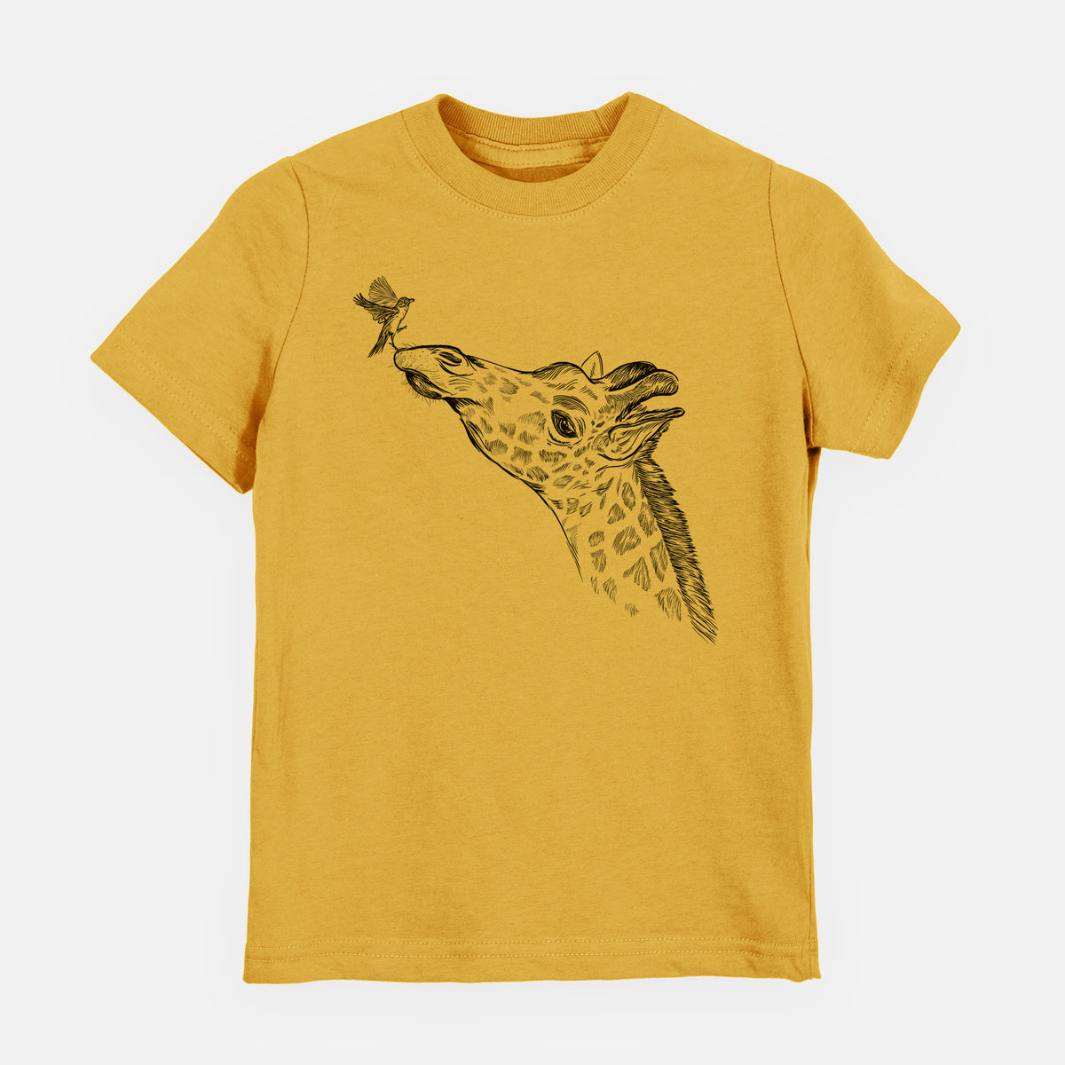 Honeycomb yellow youth t-shirt laid flat, printed with a black ink illustration of a northern giraffe reaching its head up to nibble a flower.