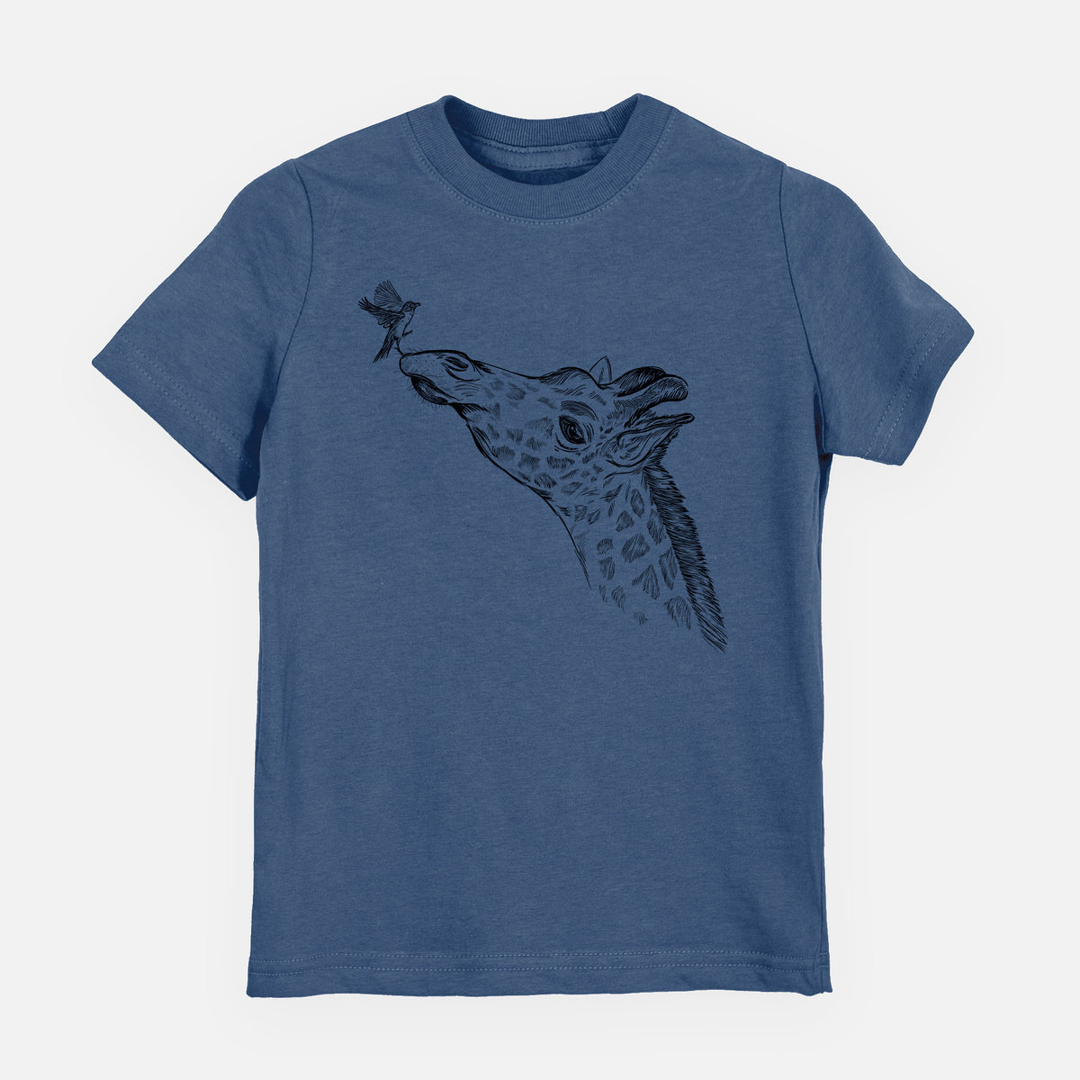 Indigo blue youth t-shirt laid flat, printed with a black ink illustration of a northern giraffe reaching its head up to nibble a flower.