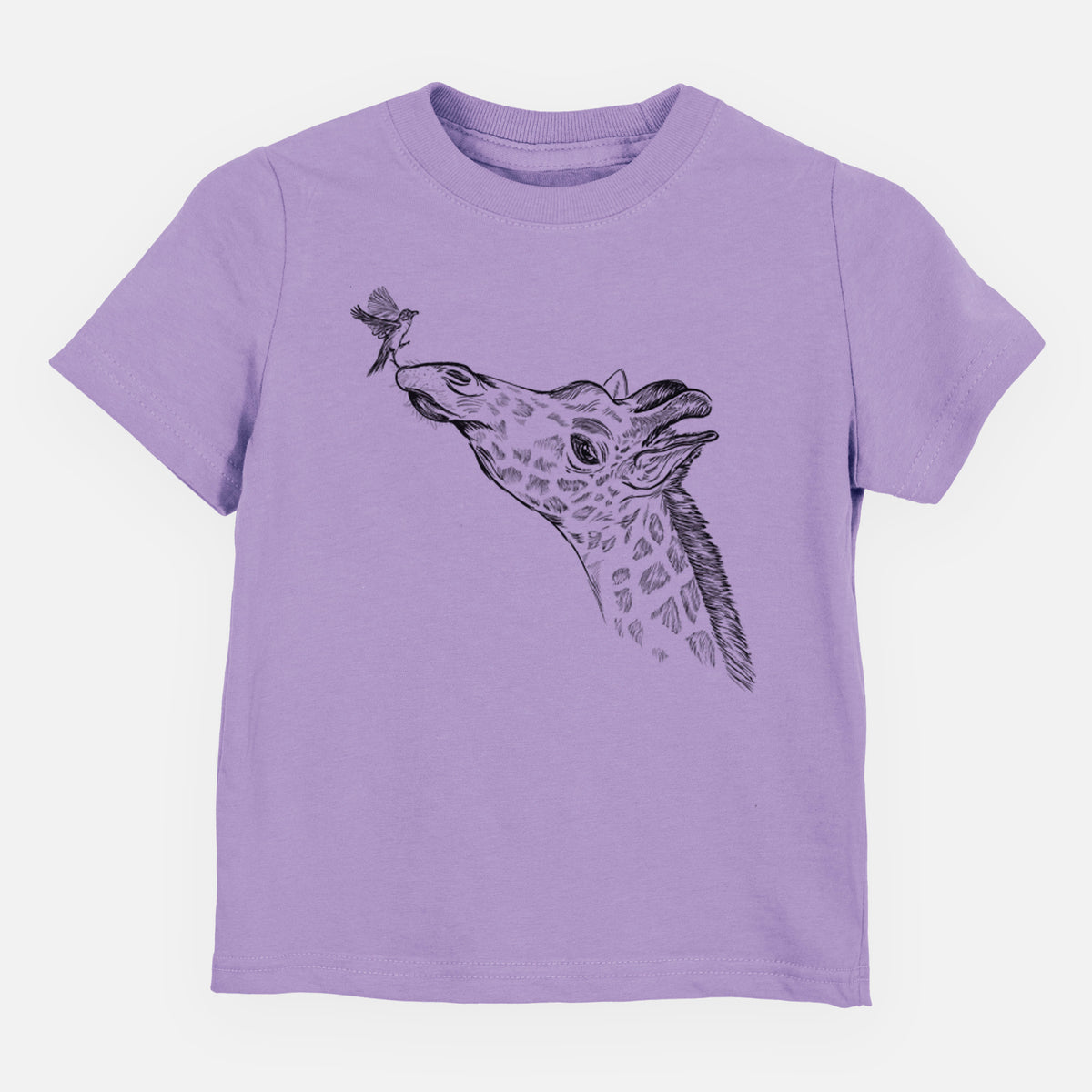 Lavender toddler t-shirt laid flat, printed with a black ink illustration of a northern giraffe reaching its head up to nibble a flower.