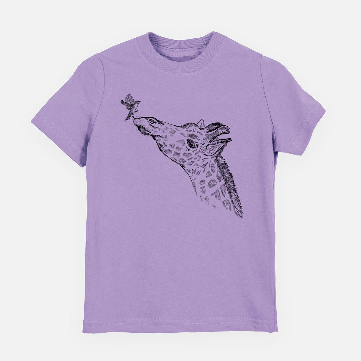Lavender youth t-shirt laid flat, printed with a black ink illustration of a northern giraffe reaching its head up to nibble a flower.