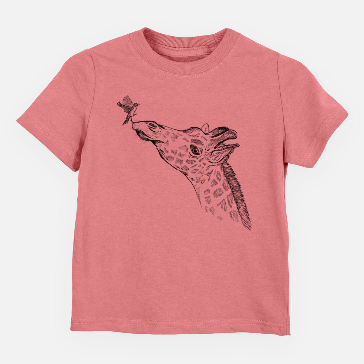 Mauve pink toddler t-shirt laid flat, printed with a black ink illustration of a northern giraffe reaching its head up to nibble a flower.