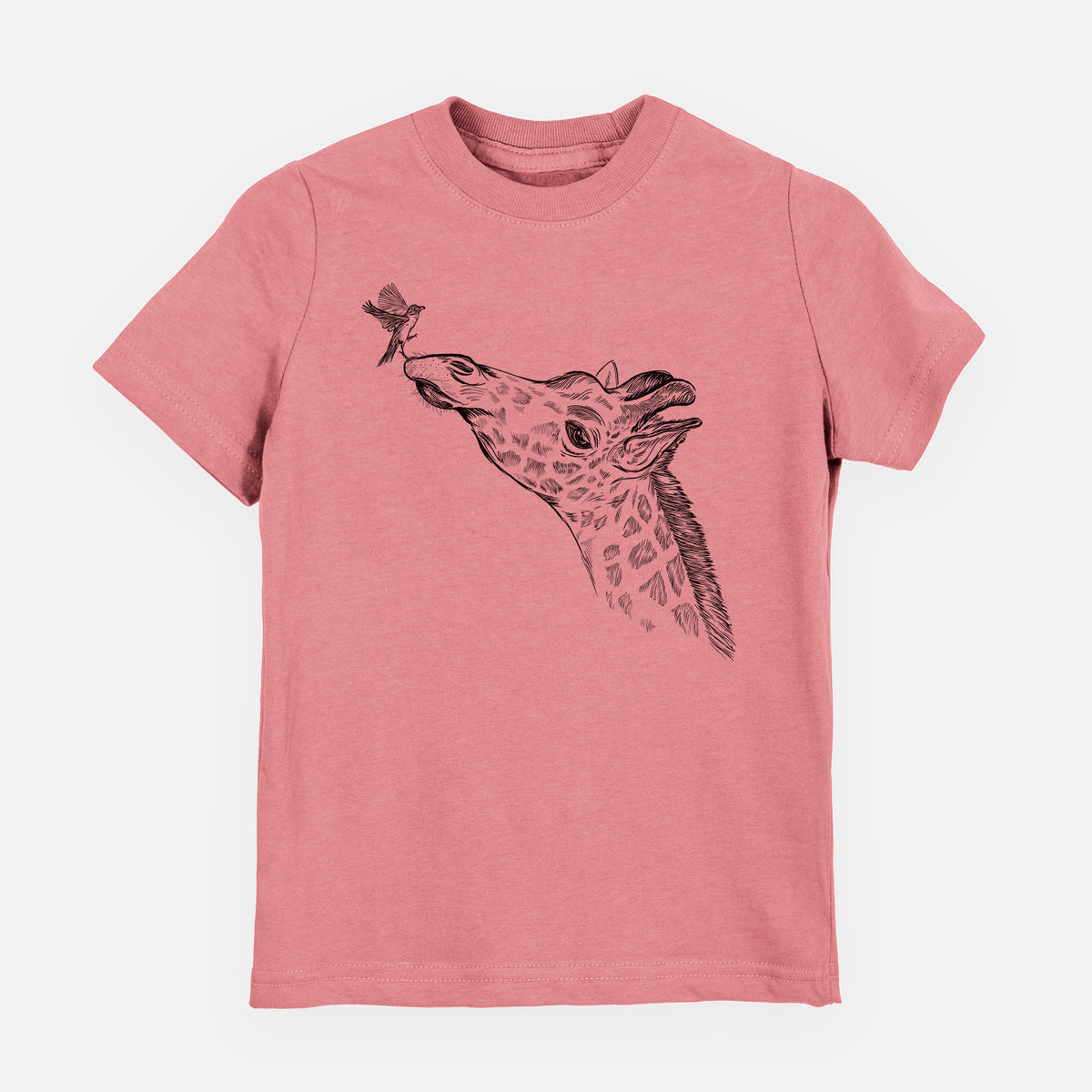 Mauve pink youth t-shirt laid flat, printed with a black ink illustration of a northern giraffe reaching its head up to nibble a flower.