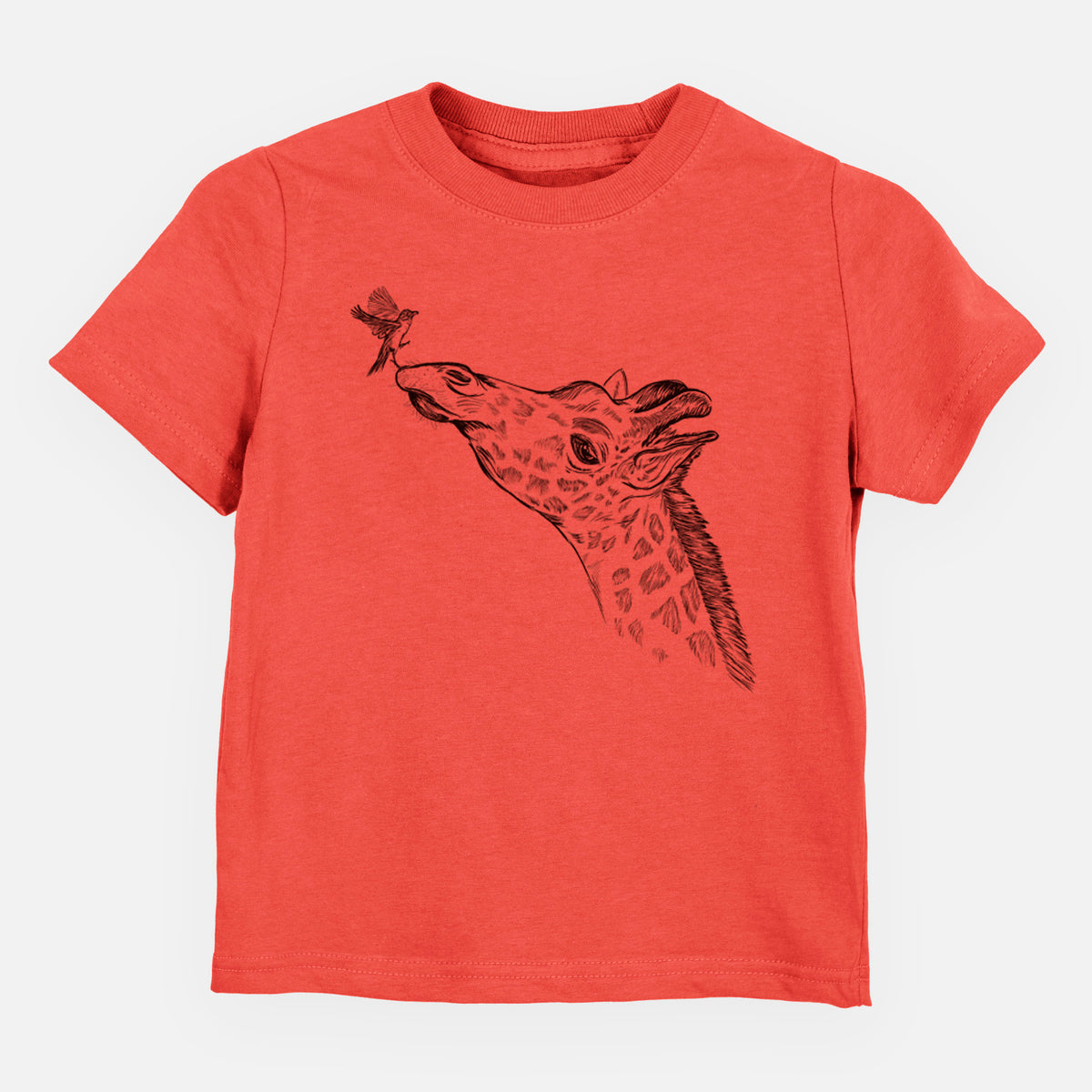 Passionfruit pink toddler t-shirt laid flat, printed with a black ink illustration of a northern giraffe reaching its head up to nibble a flower.