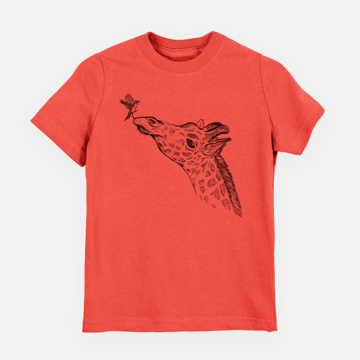 Passionfruit pink youth t-shirt laid flat, printed with a black ink illustration of a northern giraffe reaching its head up to nibble a flower.