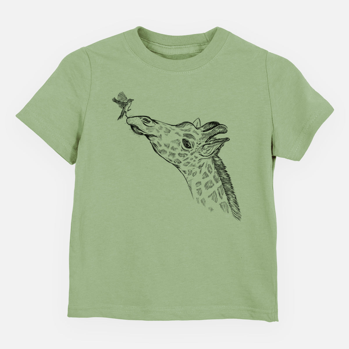 Sage green toddler t-shirt laid flat, printed with a black ink illustration of a northern giraffe reaching its head up to nibble a flower.