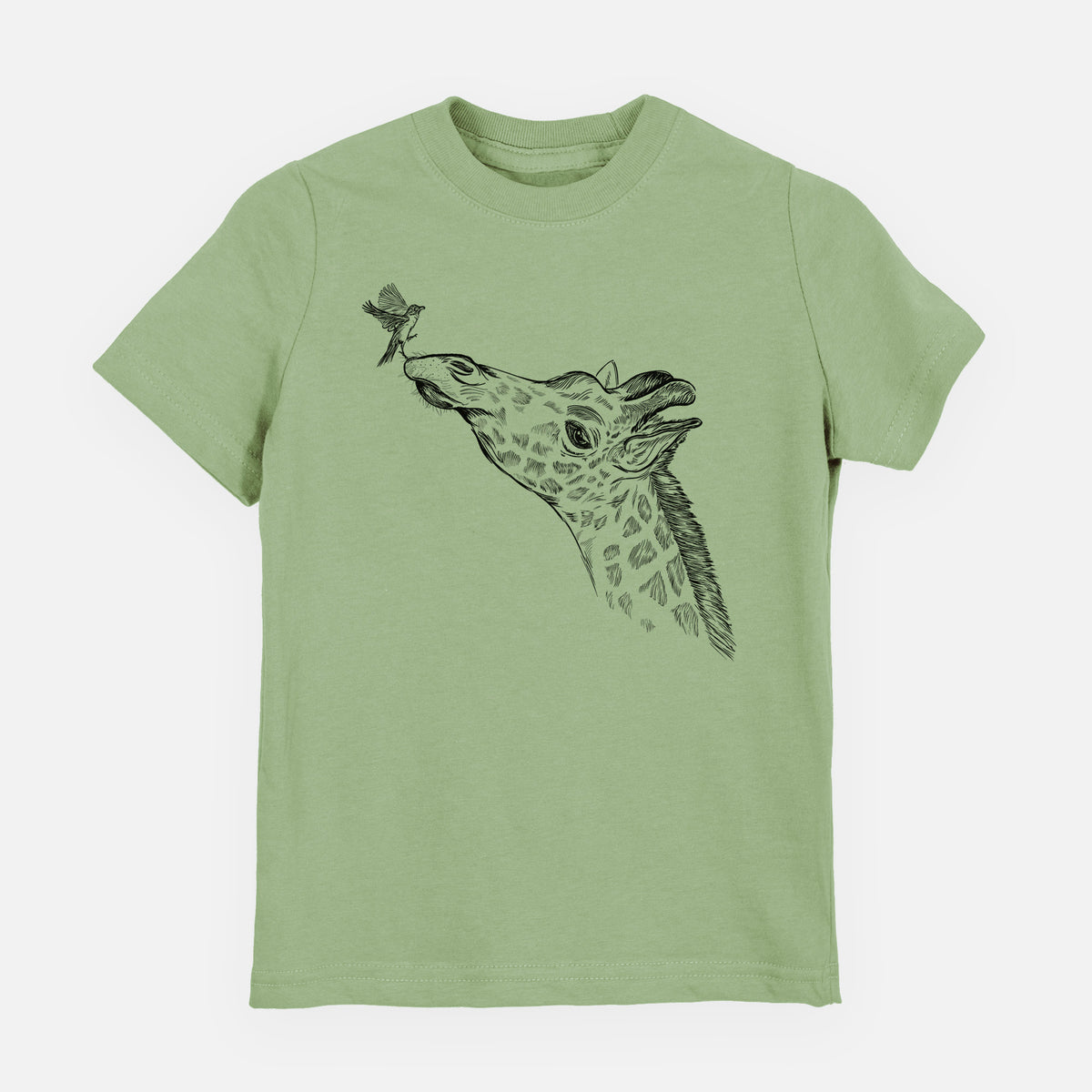 Sage green youth t-shirt laid flat, printed with a black ink illustration of a northern giraffe reaching its head up to nibble a flower.