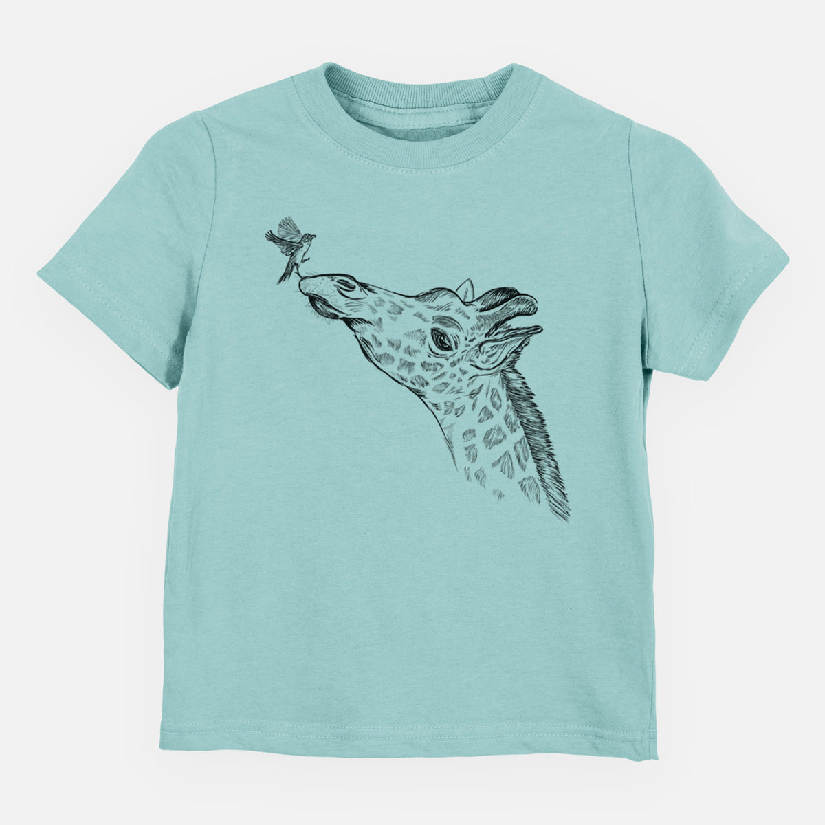 Saltwater toddler t-shirt laid flat, printed with a black ink illustration of a northern giraffe reaching its head up to nibble a flower.