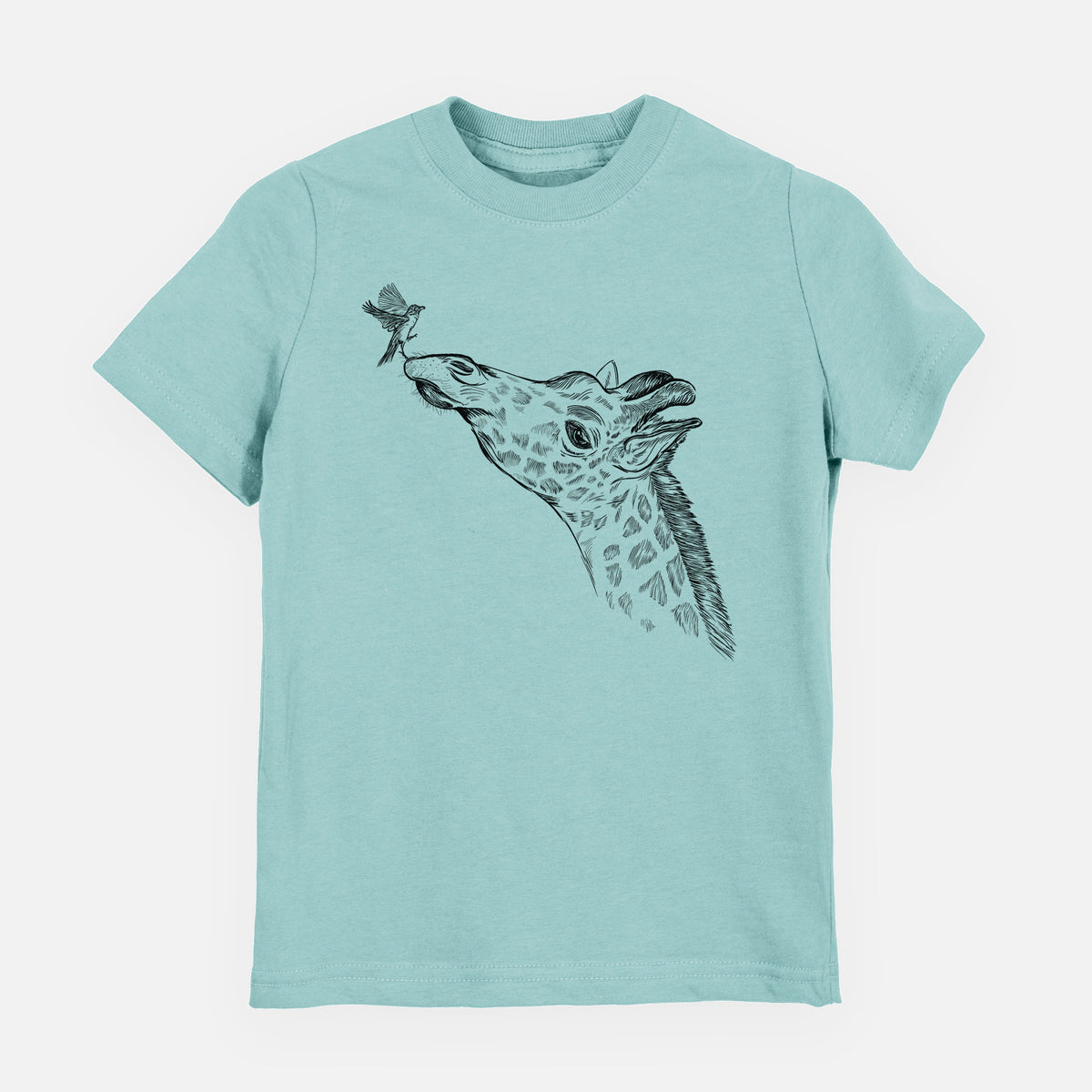 Saltwater youth t-shirt laid flat, printed with a black ink illustration of a northern giraffe reaching its head up to nibble a flower.