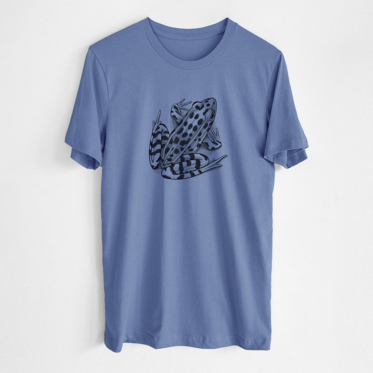 Blue bell lightweight cotton t-shirt laid flat, printed with a detailed black ink illustration of a spotted northern leopard frog.