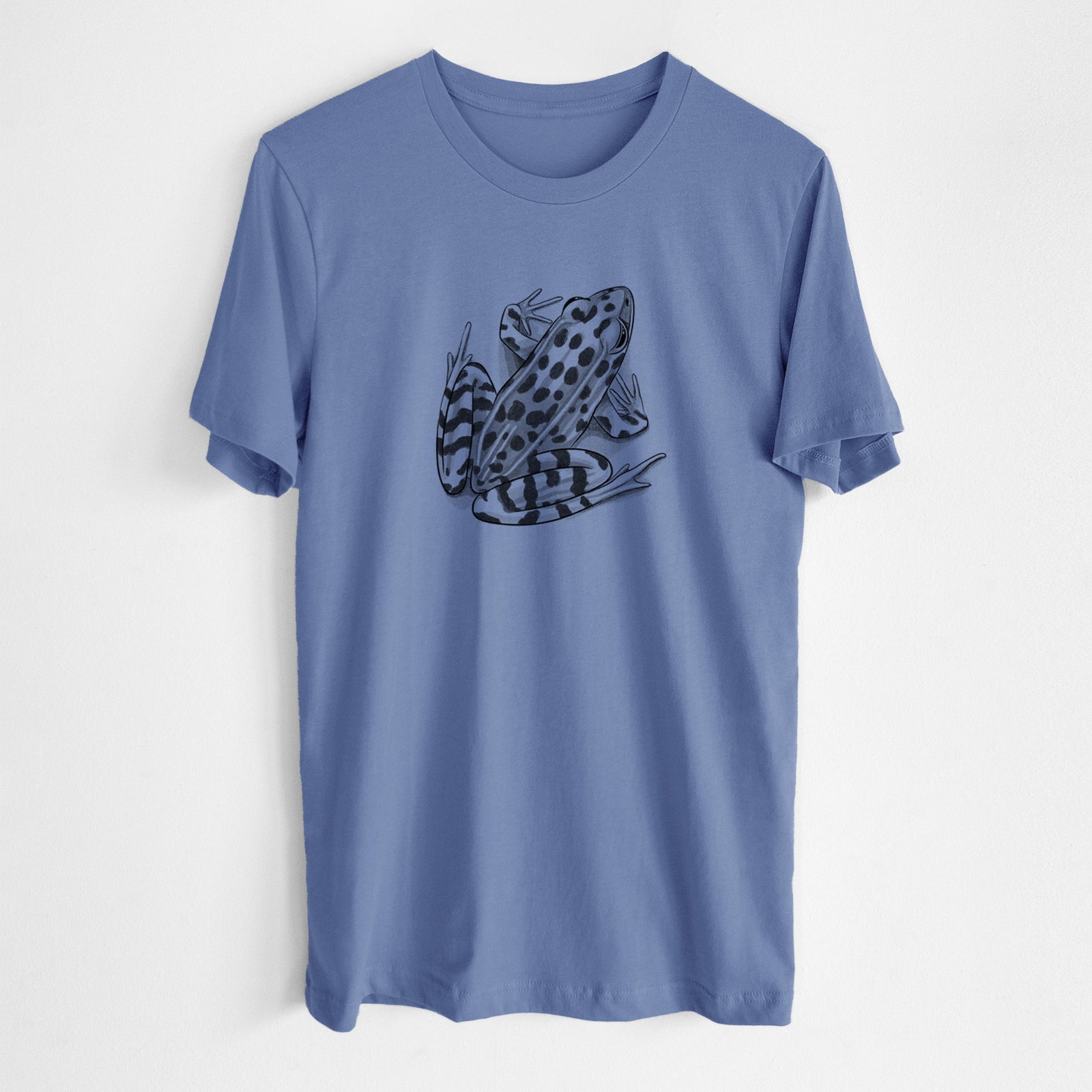 Blue bell lightweight cotton t-shirt laid flat, printed with a detailed black ink illustration of a spotted northern leopard frog.
