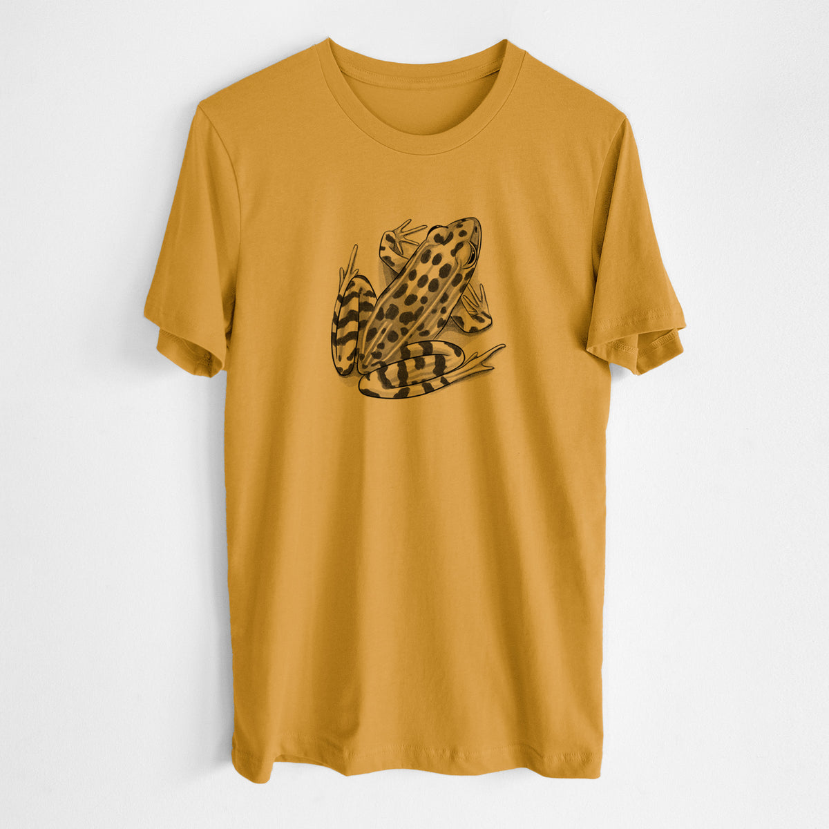 Honeycomb yellow lightweight cotton t-shirt laid flat, printed with a detailed black ink illustration of a spotted northern leopard frog.
