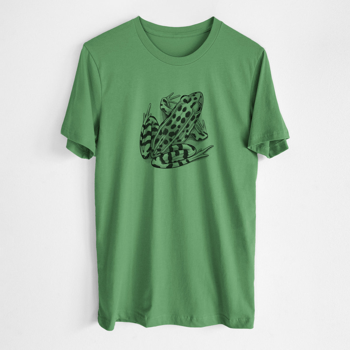 Leaf green lightweight cotton t-shirt laid flat, printed with a detailed black ink illustration of a spotted northern leopard frog.