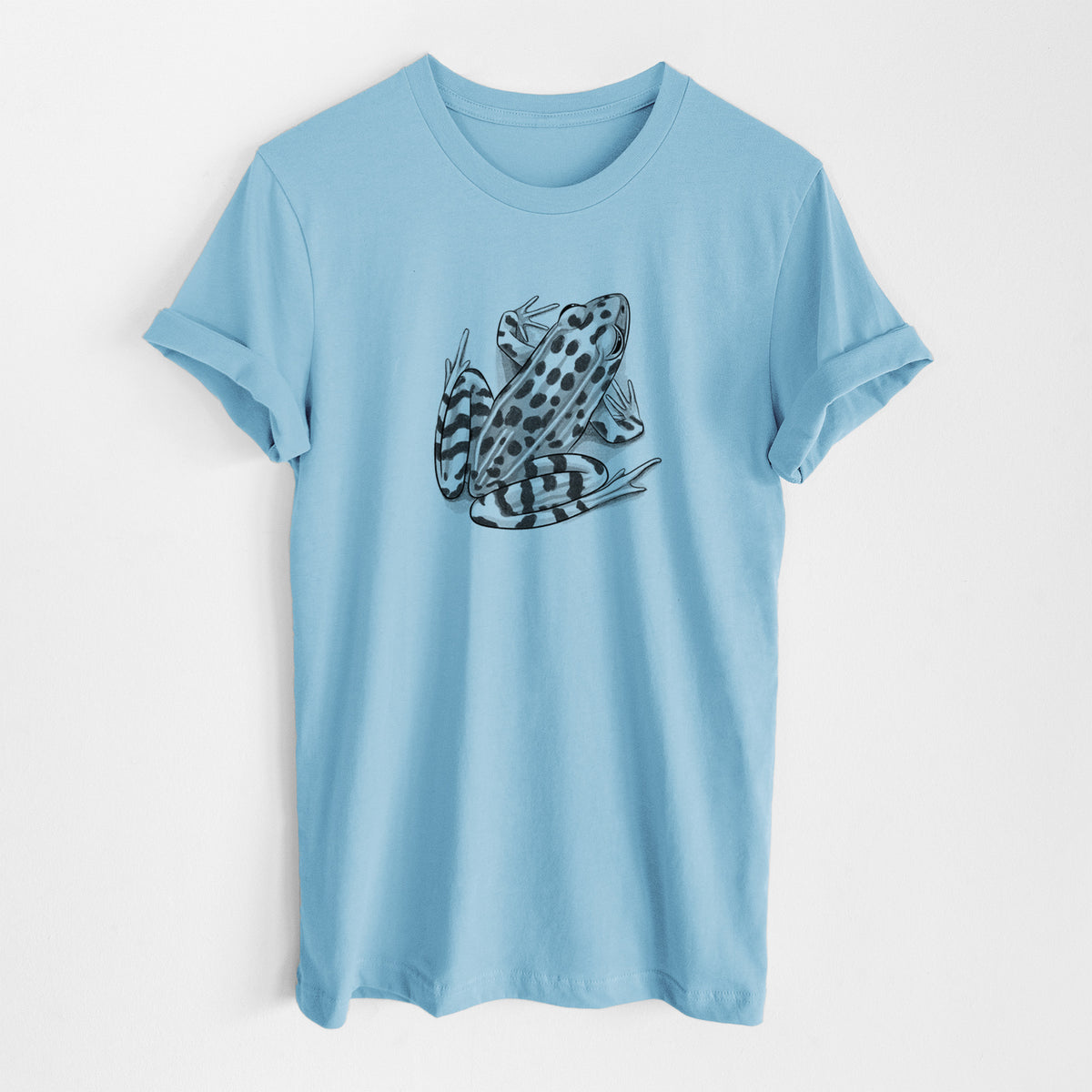 Ocean blue lightweight cotton t-shirt laid flat, printed with a detailed black ink illustration of a spotted northern leopard frog.