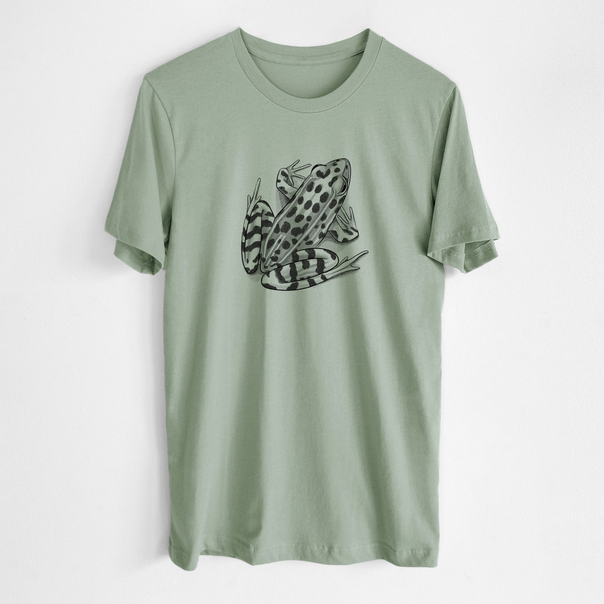 Sage green lightweight cotton t-shirt laid flat, printed with a detailed black ink illustration of a spotted northern leopard frog.