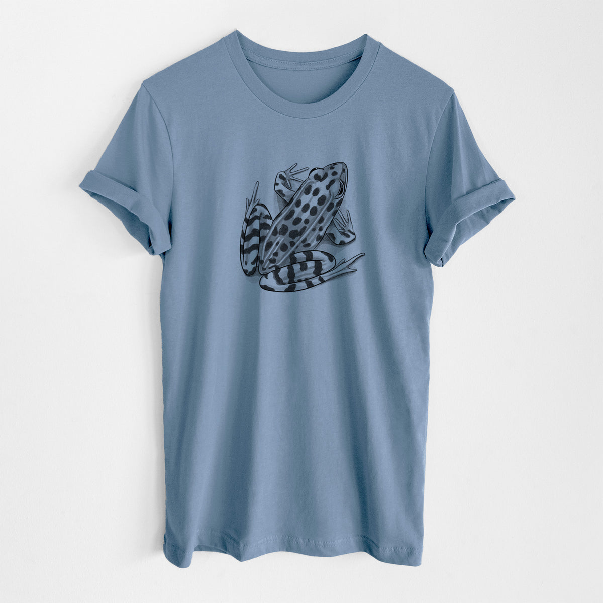 Steel blue lightweight cotton t-shirt laid flat, printed with a detailed black ink illustration of a spotted northern leopard frog.