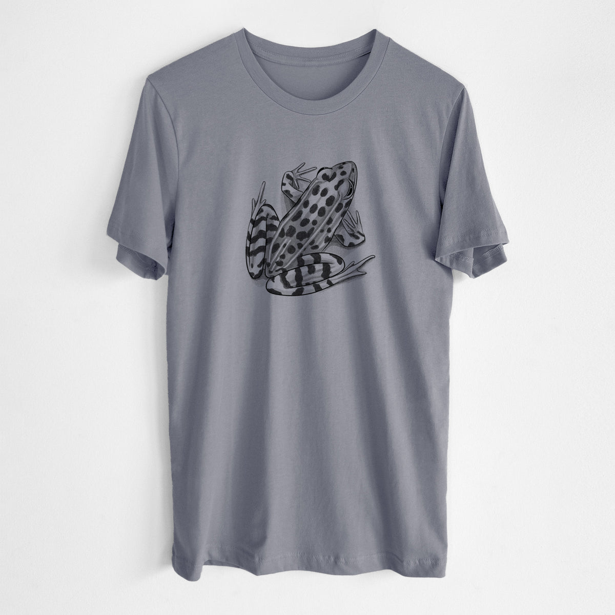 Storm grey lightweight cotton t-shirt laid flat, printed with a detailed black ink illustration of a spotted northern leopard frog.