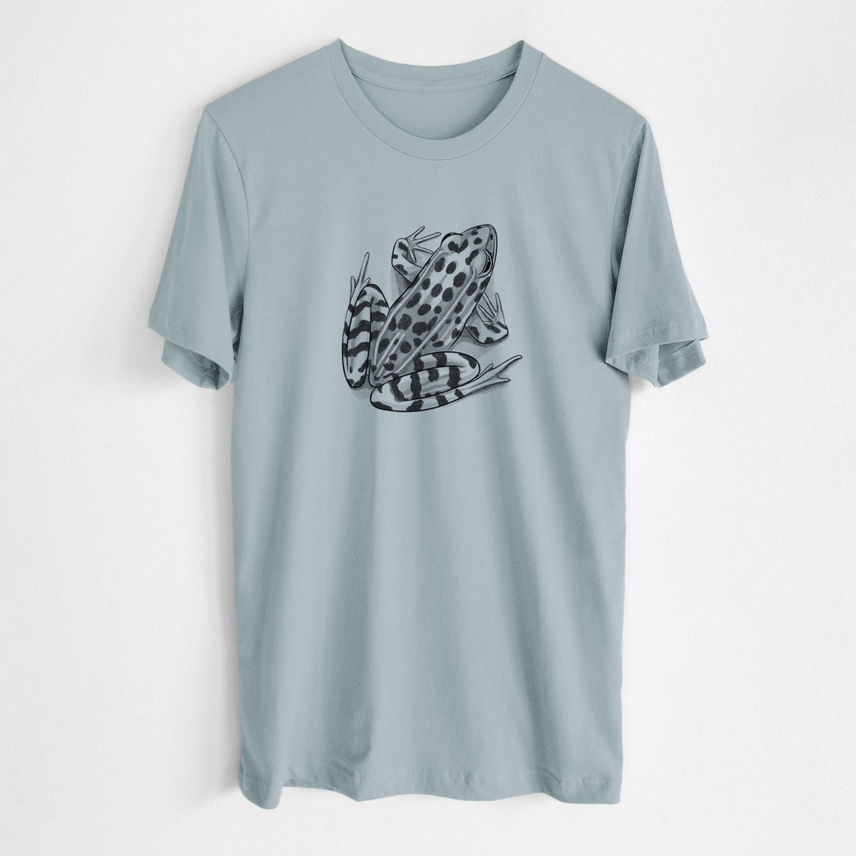 Vintage denim lightweight cotton t-shirt laid flat, printed with a detailed black ink illustration of a spotted northern leopard frog.