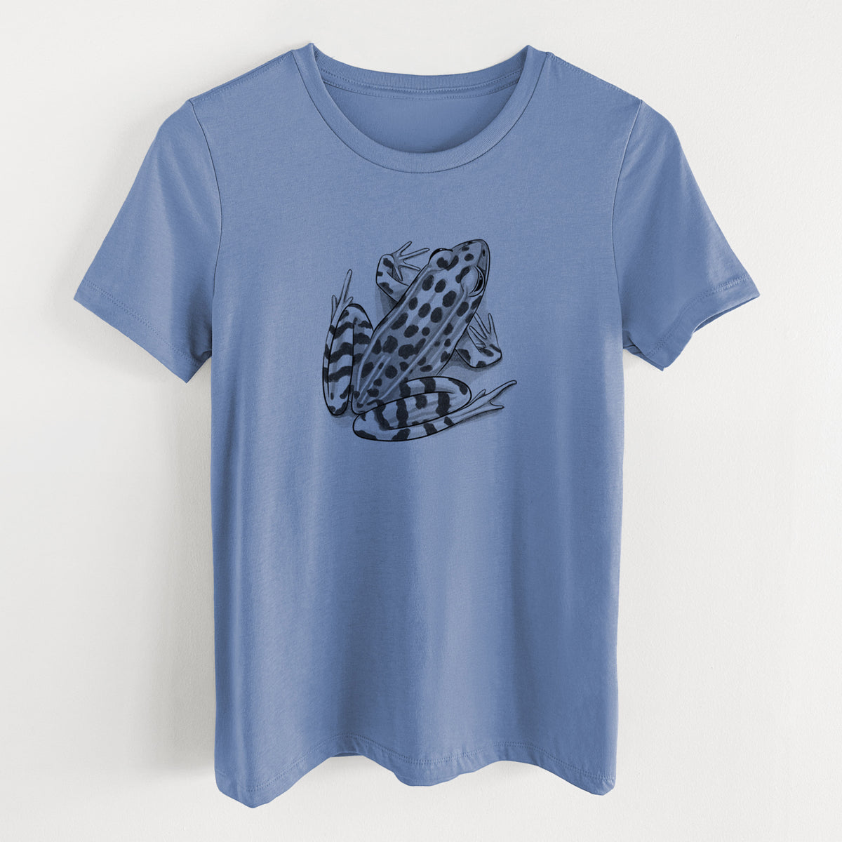 Blue bell women's relaxed fit cotton t-shirt laid flat, printed with a detailed black ink illustration of a spotted northern leopard frog.