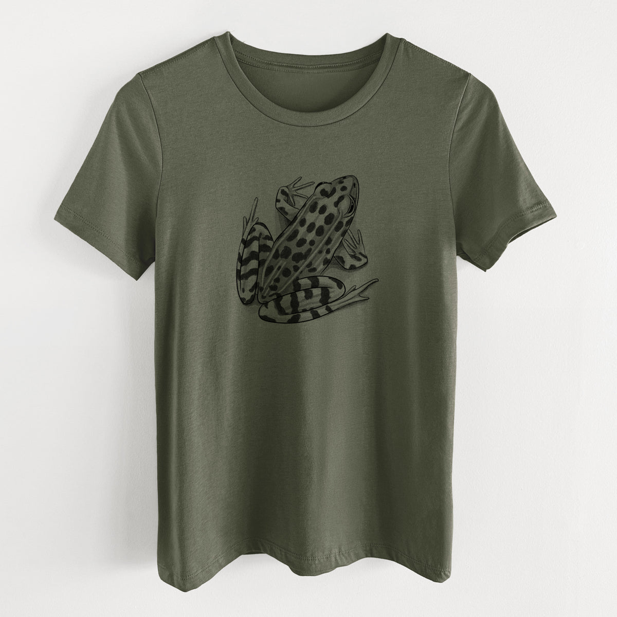 Military green women's relaxed fit cotton t-shirt laid flat, printed with a detailed black ink illustration of a spotted northern leopard frog.