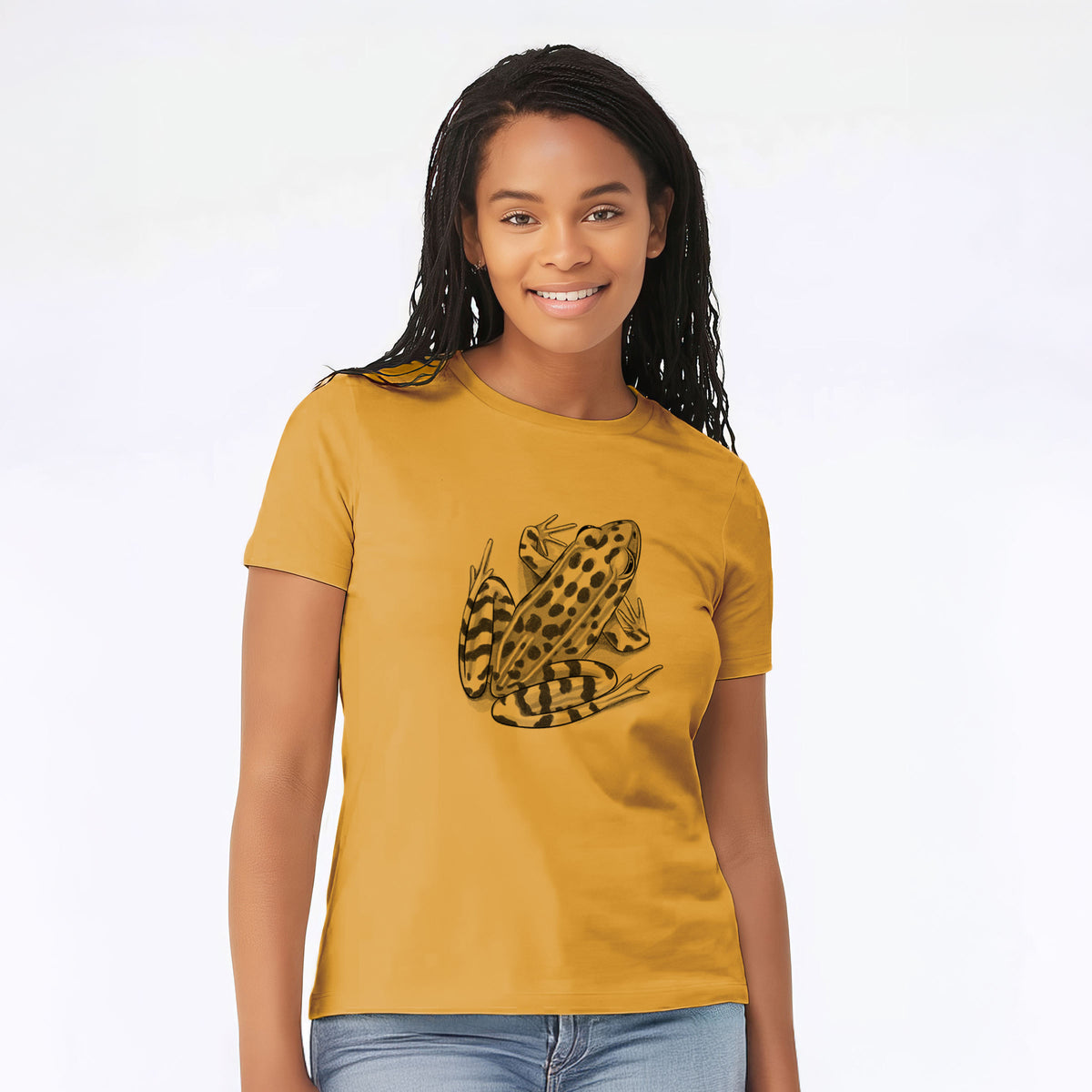 Woman wearing a mustard yellow women's relaxed fit cotton t-shirt printed with a detailed black ink illustration of a spotted northern leopard frog.