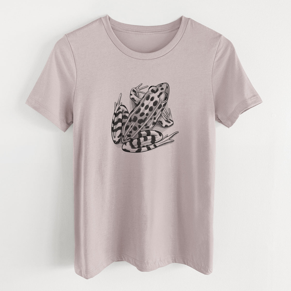 Pink gravel women's relaxed fit cotton t-shirt laid flat, printed with a detailed black ink illustration of a spotted northern leopard frog.