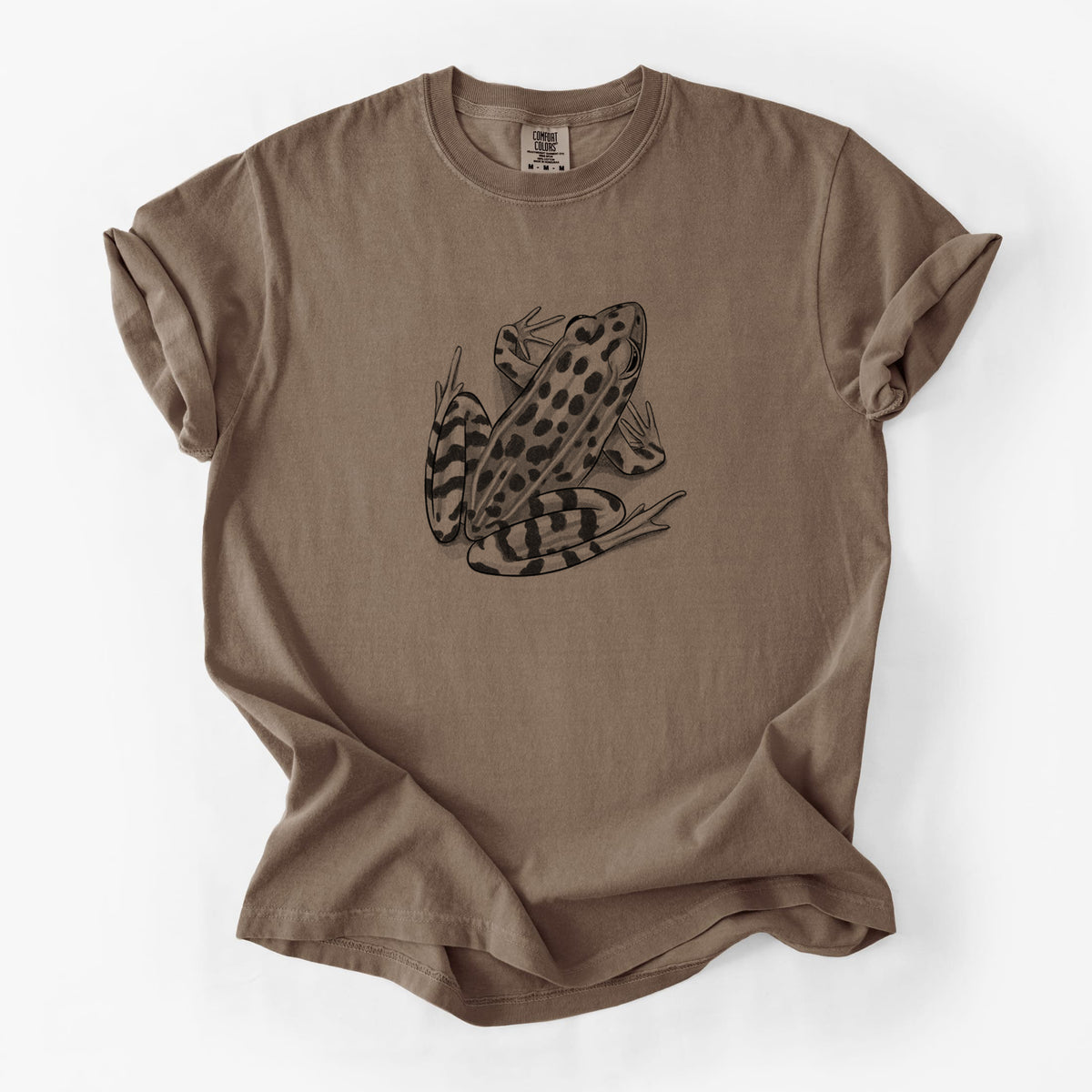 Espresso brown Comfort Colors t-shirt laid flat, printed with a detailed black ink illustration of a spotted northern leopard frog.