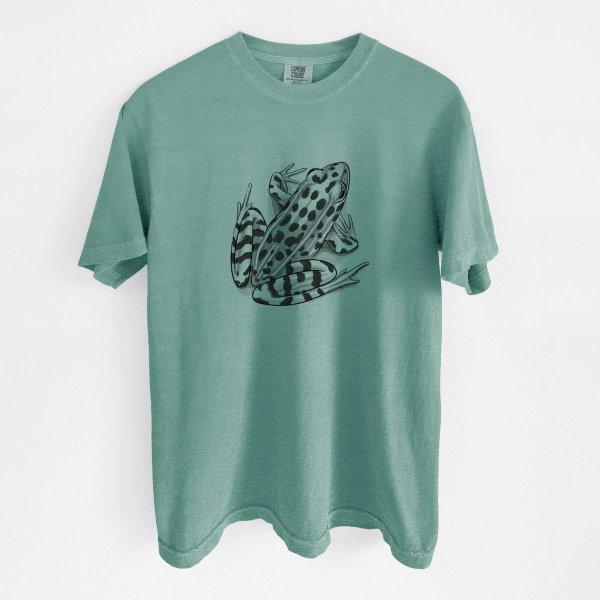 Reef green Comfort Colors t-shirt laid flat, printed with a detailed black ink illustration of a spotted northern leopard frog.