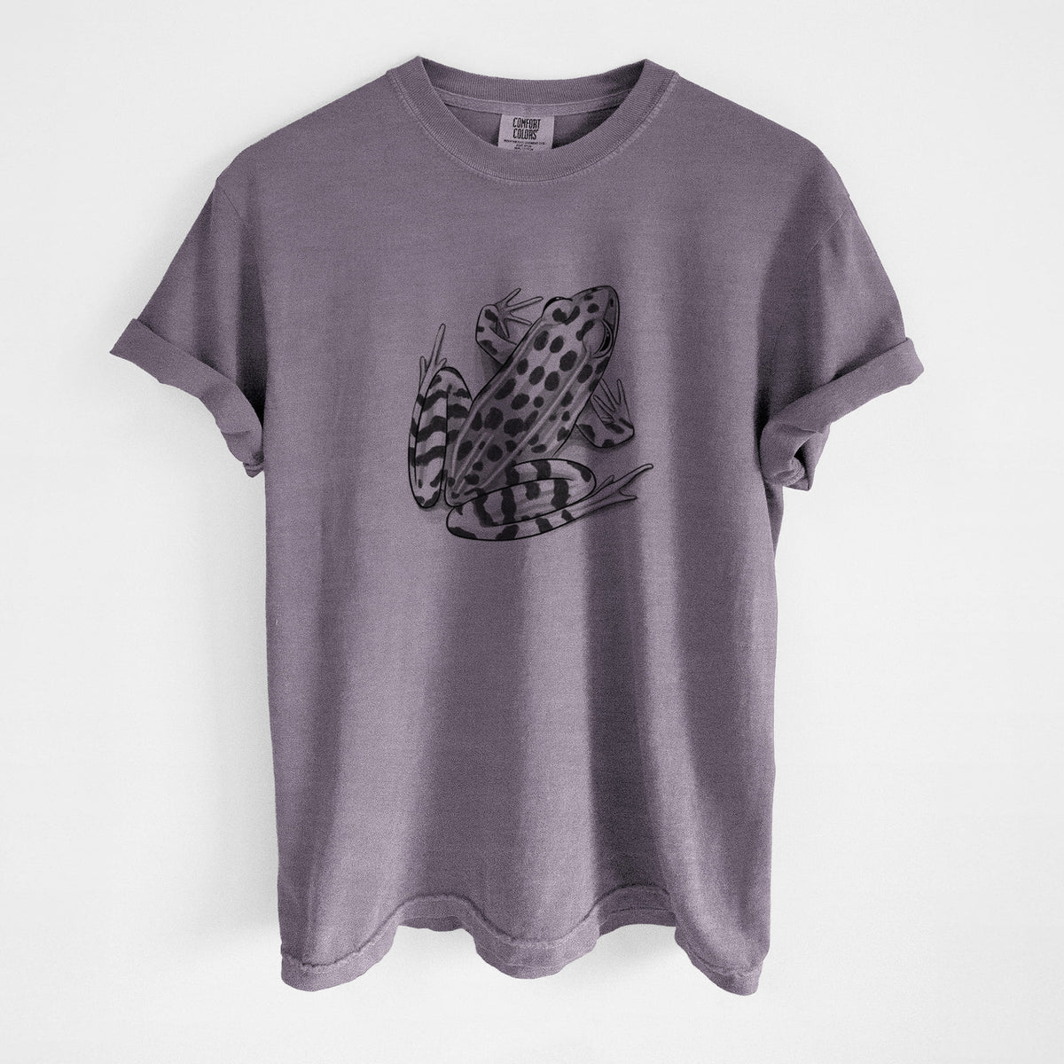 Wine red Comfort Colors t-shirt laid flat, printed with a detailed black ink illustration of a spotted northern leopard frog.