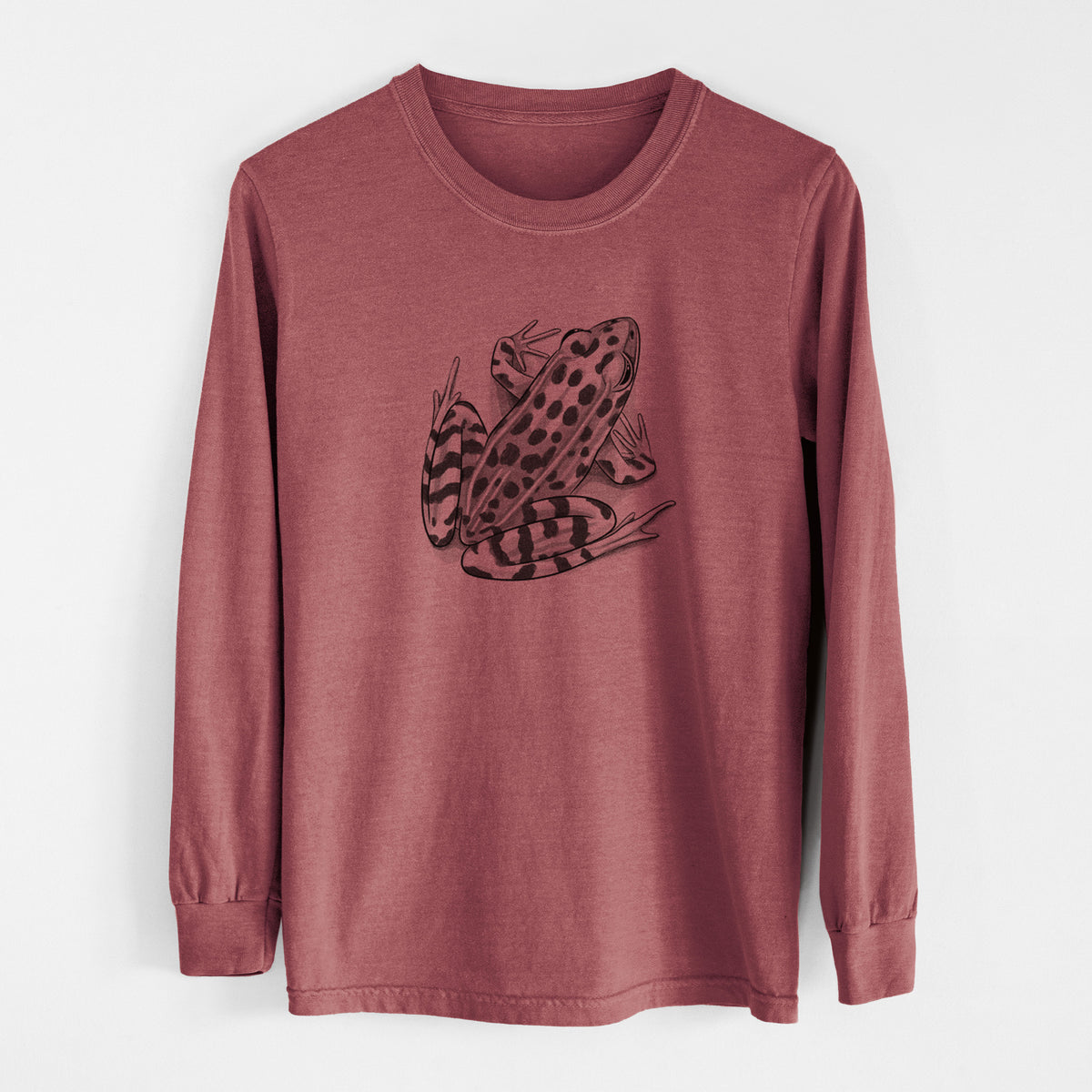 Brick red Comfort Colors long sleeve shirt laid flat, printed with a detailed black ink illustration of a spotted northern leopard frog.