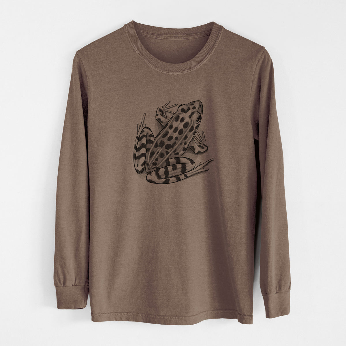 Espresso brown Comfort Colors long sleeve shirt laid flat, printed with a detailed black ink illustration of a spotted northern leopard frog.