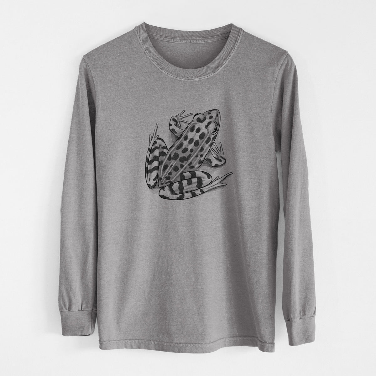 Grey Comfort Colors long sleeve shirt laid flat, printed with a detailed black ink illustration of a spotted northern leopard frog.