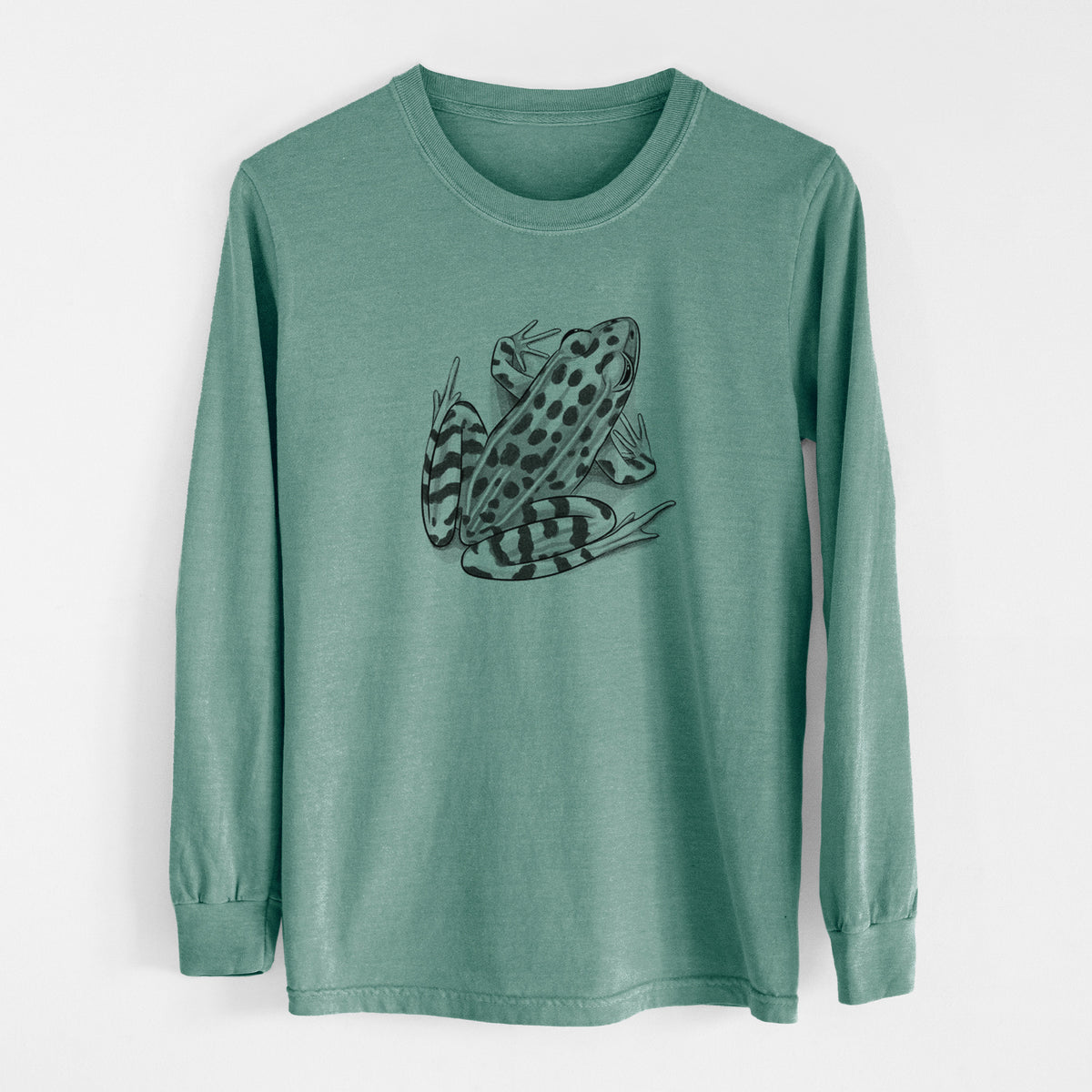 Pine green Comfort Colors long sleeve shirt laid flat, printed with a detailed black ink illustration of a spotted northern leopard frog.