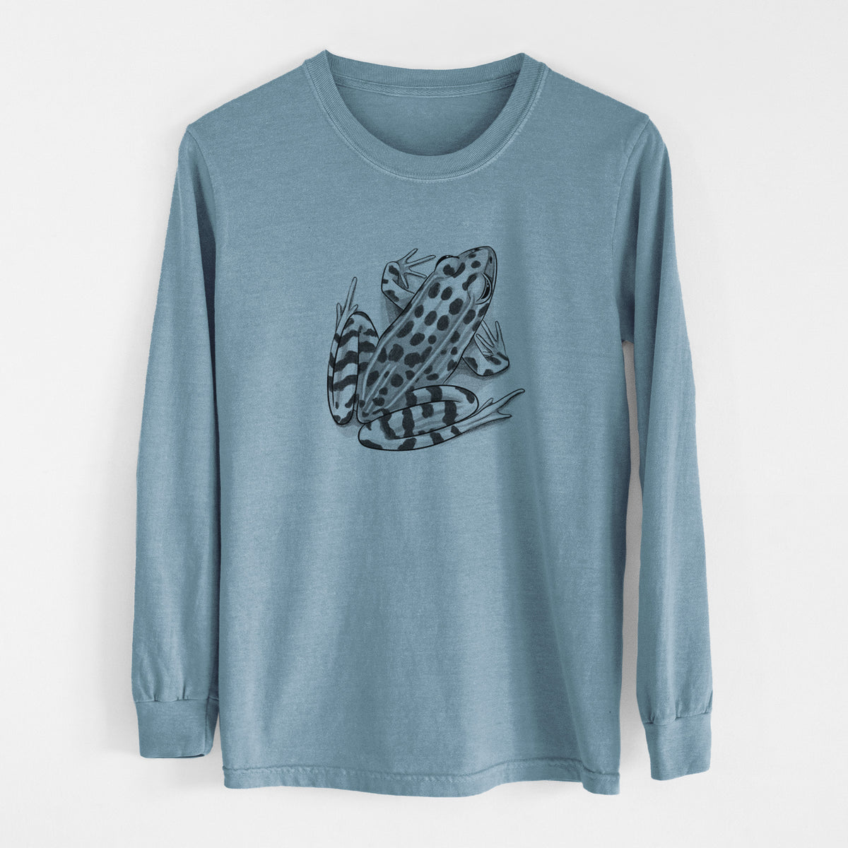 Steel blue Comfort Colors long sleeve shirt laid flat, printed with a detailed black ink illustration of a spotted northern leopard frog.