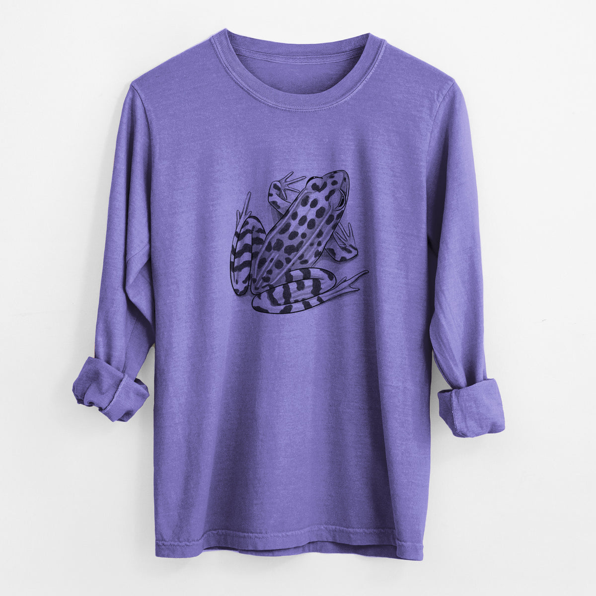 Violet purple Comfort Colors long sleeve shirt laid flat with the cuffs rolled, printed with a detailed black ink illustration of a spotted northern leopard frog.
