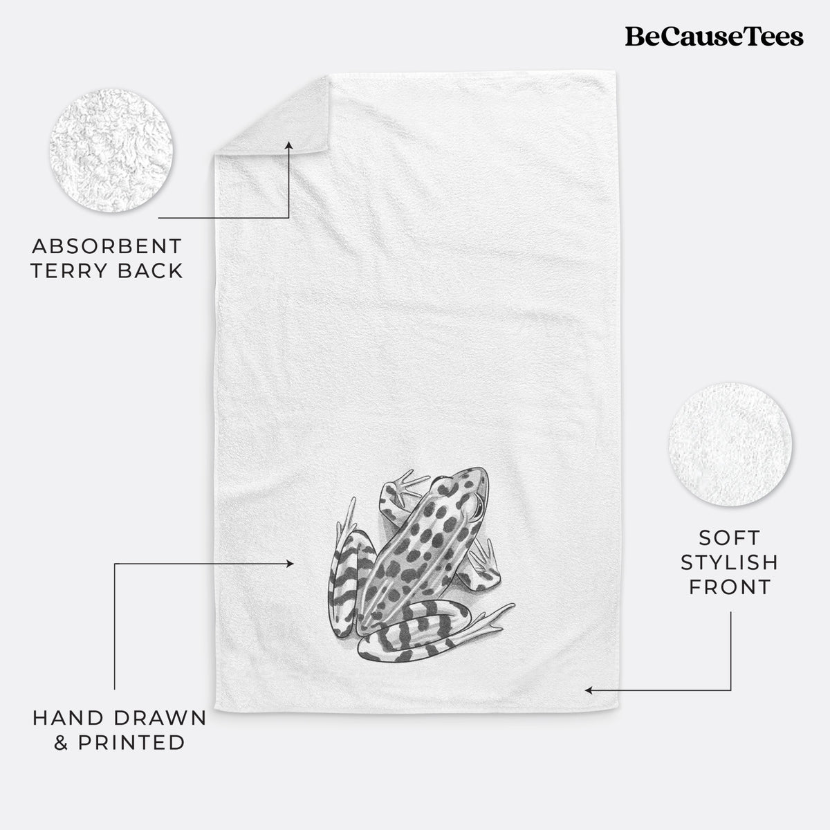 White hand towel printed with a detailed black ink illustration of a spotted northern leopard frog.