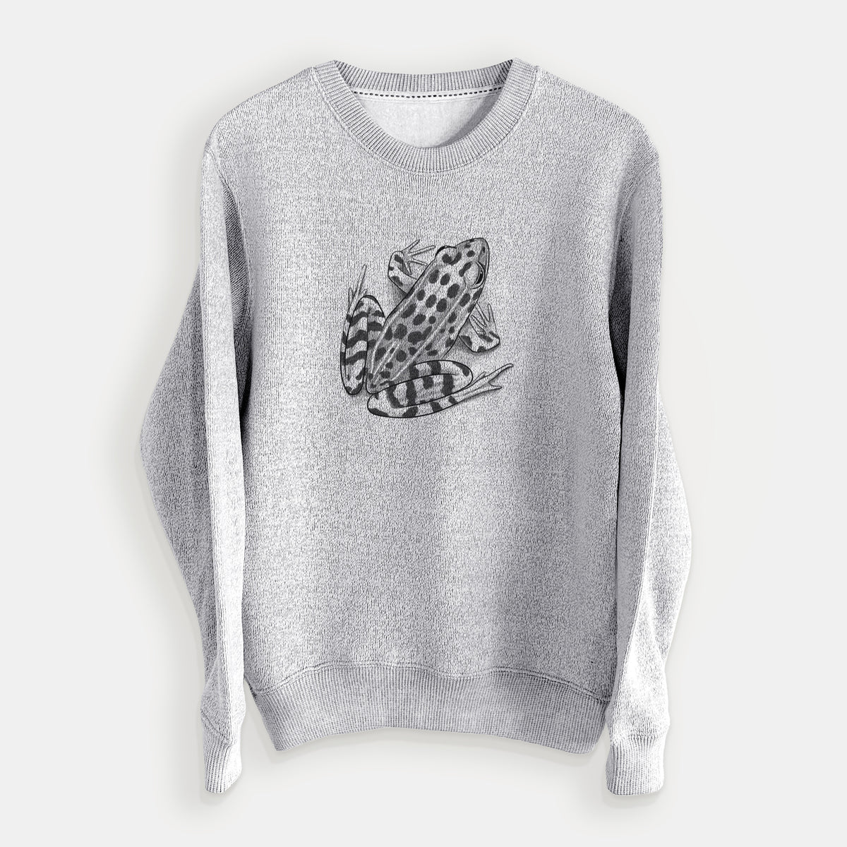 Salt and pepper knit sweatshirt laid flat, printed with a detailed black ink illustration of a spotted northern leopard frog.