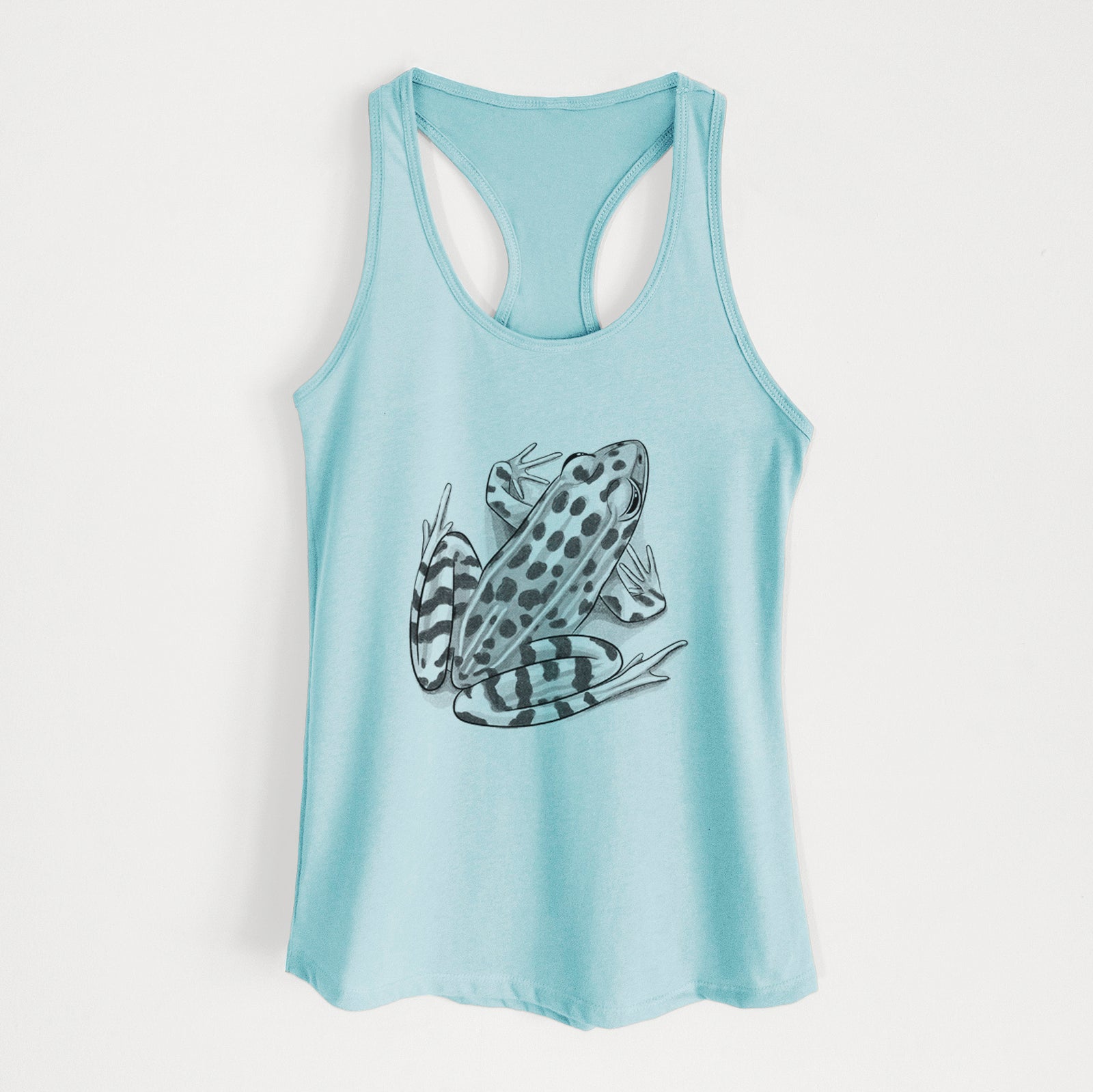 Banana cream women's racerback tank top laid flat, printed with a detailed black ink illustration of a spotted northern leopard frog.