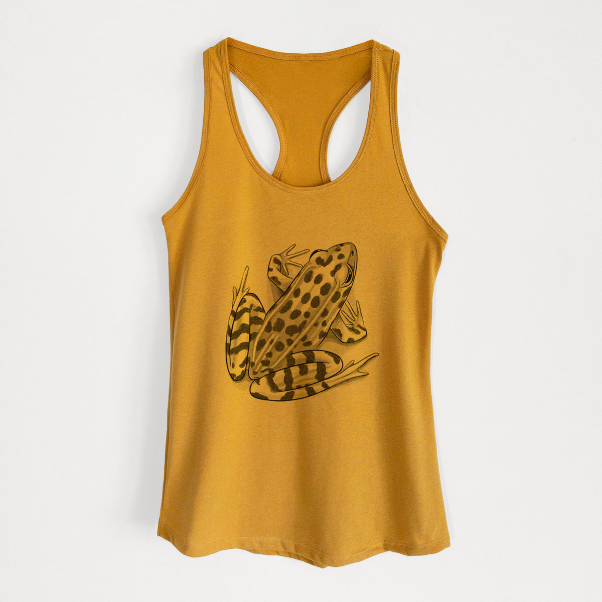 Gold women's racerback tank top laid flat, printed with a detailed black ink illustration of a spotted northern leopard frog.