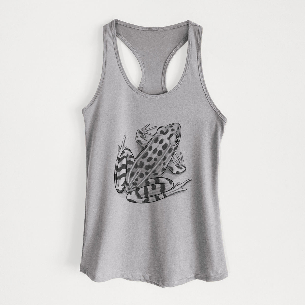 Heather grey women's racerback tank top laid flat, printed with a detailed black ink illustration of a spotted northern leopard frog.