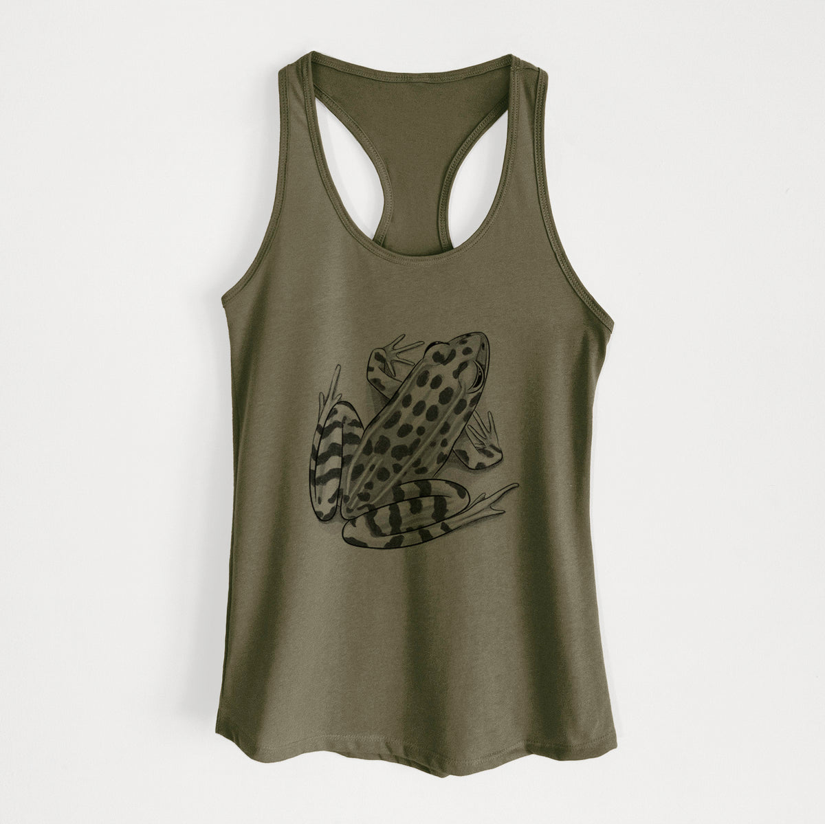 Military green women's racerback tank top laid flat, printed with a detailed black ink illustration of a spotted northern leopard frog.