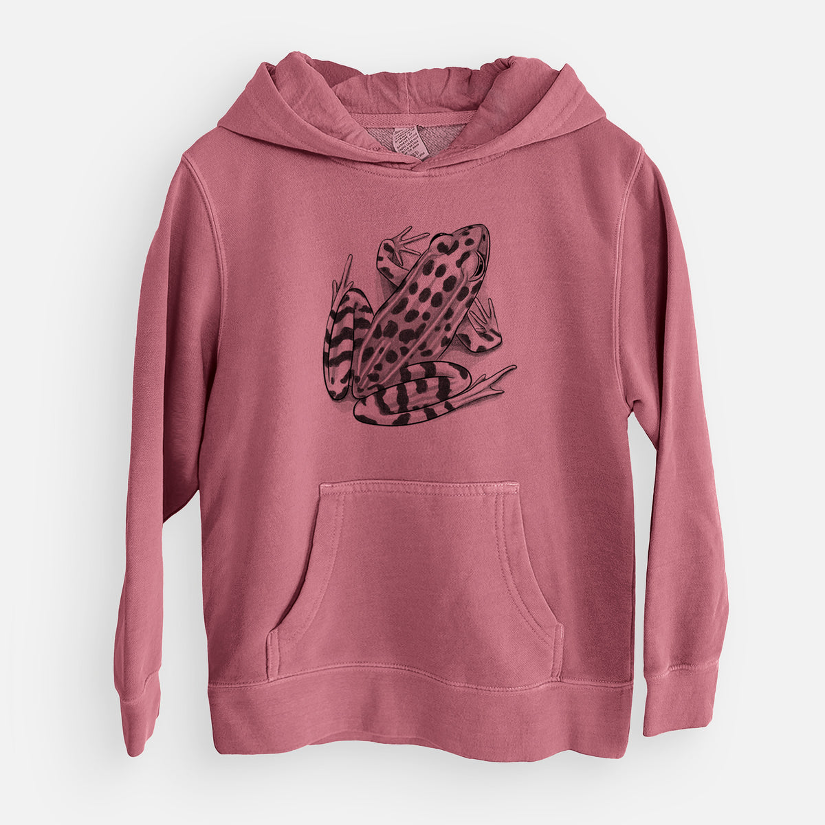 Maroon youth pigment dyed hoodie laid flat, printed with a detailed black ink illustration of a spotted northern leopard frog.