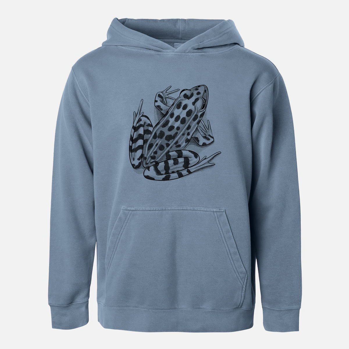 Slate blue youth pigment dyed hoodie laid flat, printed with a detailed black ink illustration of a spotted northern leopard frog.