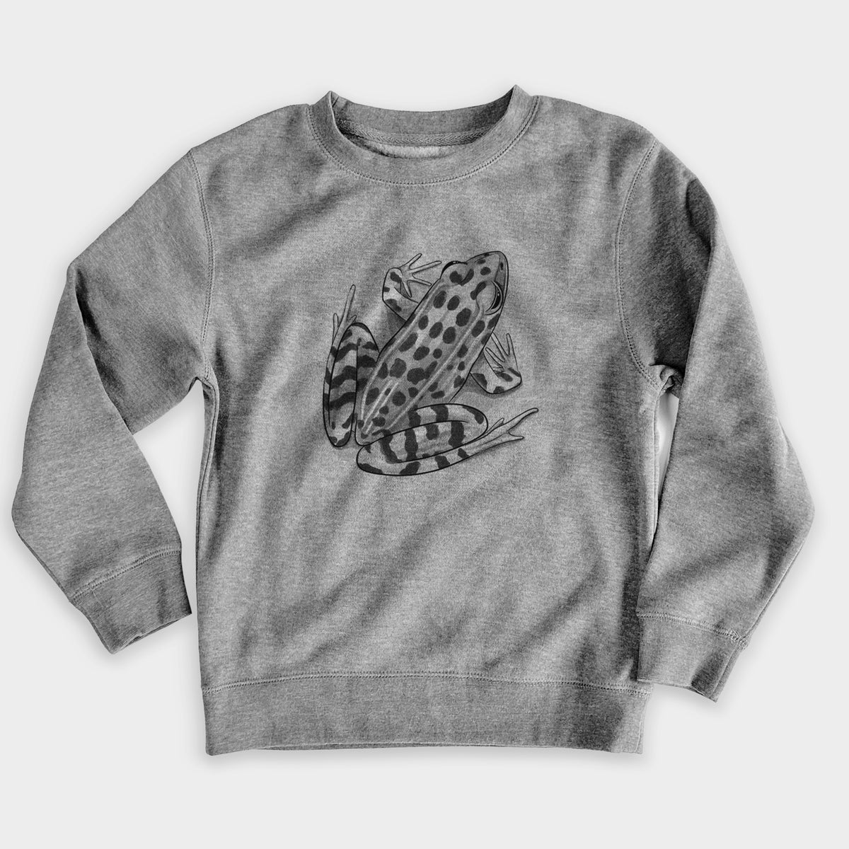 Nickel grey youth crewneck sweatshirt laid flat, printed with a detailed black ink illustration of a spotted northern leopard frog.