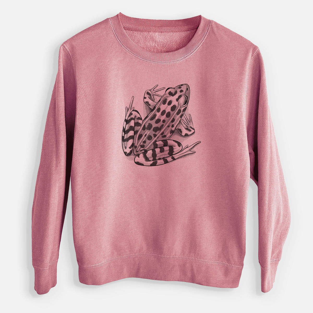 Mauve pink youth crewneck sweatshirt laid flat, printed with a detailed black ink illustration of a spotted northern leopard frog.