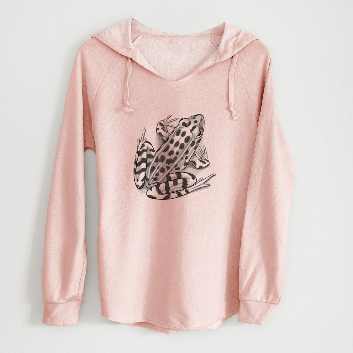 Blush pink women's Cali Wave hooded sweatshirt laid flat, printed with a detailed black ink illustration of a spotted northern leopard frog.