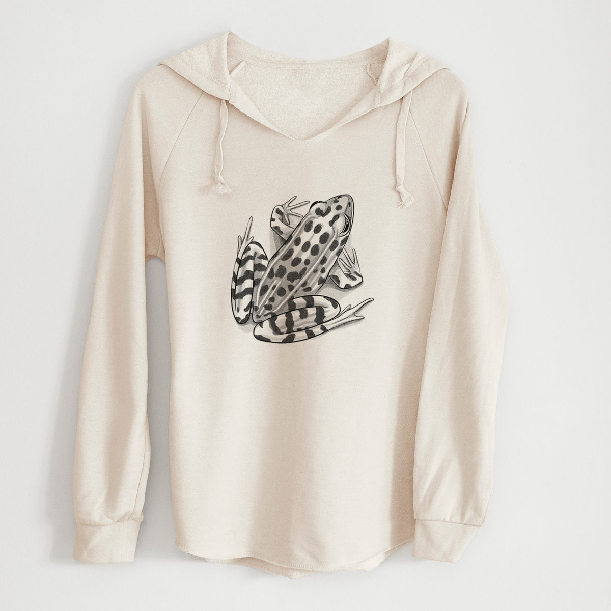 Bone cream women's Cali Wave hooded sweatshirt laid flat, printed with a detailed black ink illustration of a spotted northern leopard frog.